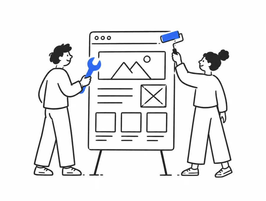 Bir web sayfasını anahtar ve boya rulosuyla düzelten iki kişinin çizimi